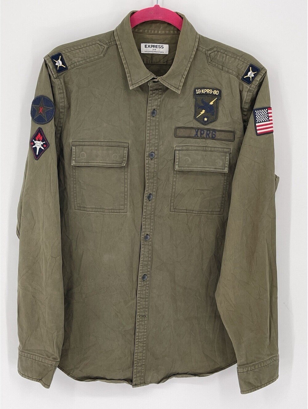 Express Military Style Shirt Men’s M Olive Green USA Flag Patches Button Up